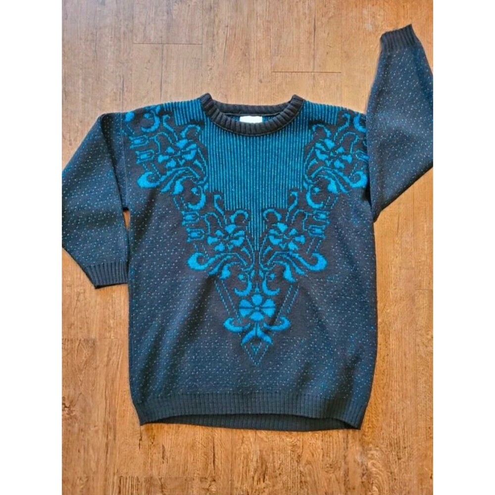 Vintage Ellen-D Kollection Blue And Black Holiday Sweater Size Large Acrylic